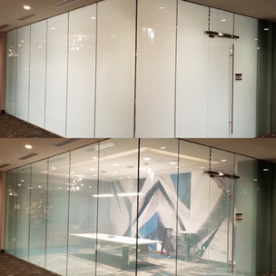 Conference room with switchable smart glass film.