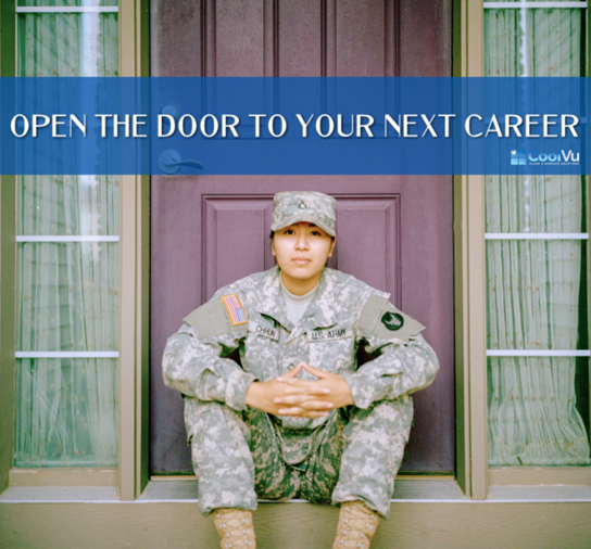 Woman wearing army fatigues sitting in front of a closed door. 