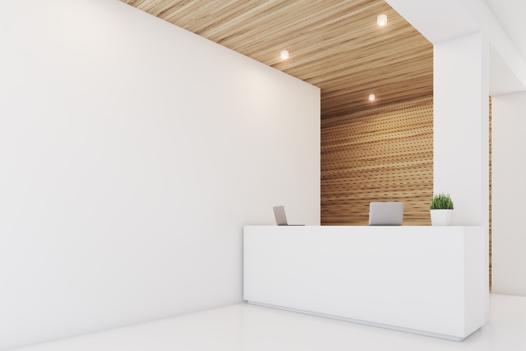 Commercial office space with a wood grain wall